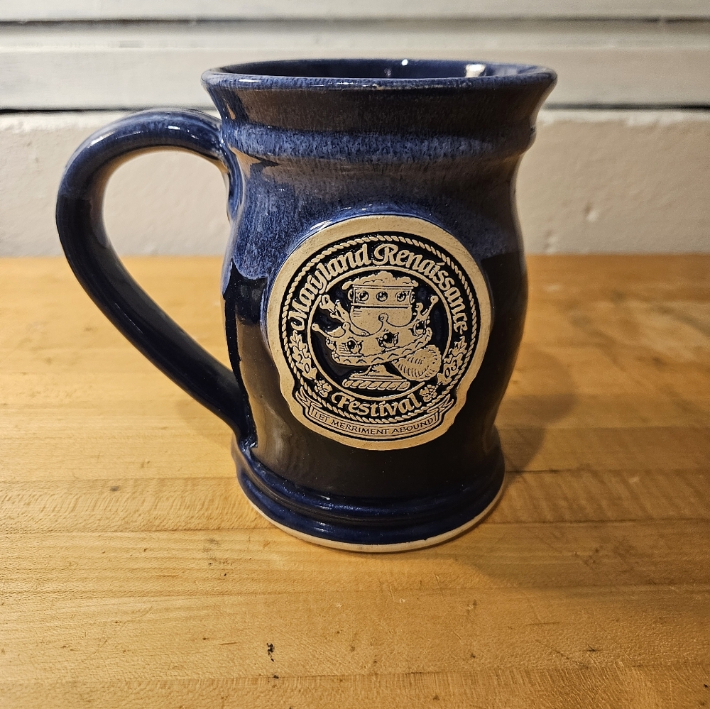 Grey Fox Pottery Maryland Renaissance 2003 Festival Blue Drip Glaze Mug